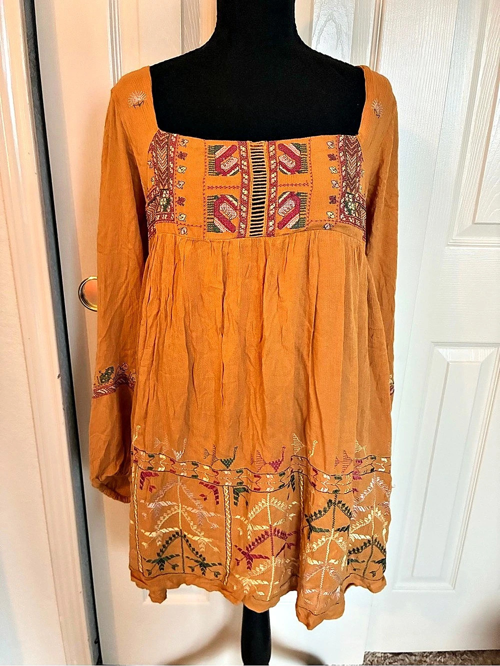Free People Embroidered Rayon Mini Dress Orange XS